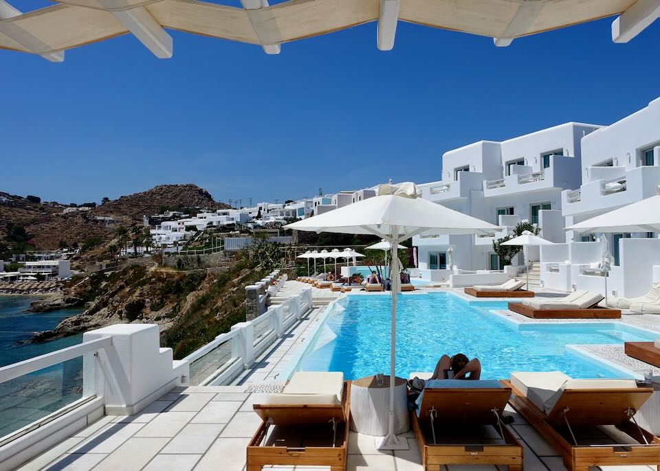 Pool with sea view in Platis Gialos, Mykonos.