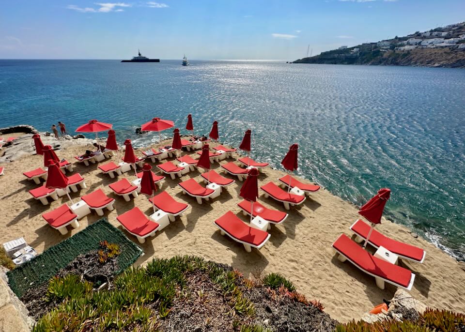 Private beach at Petasos Hotel in Platis Gialos, Mykonos.
