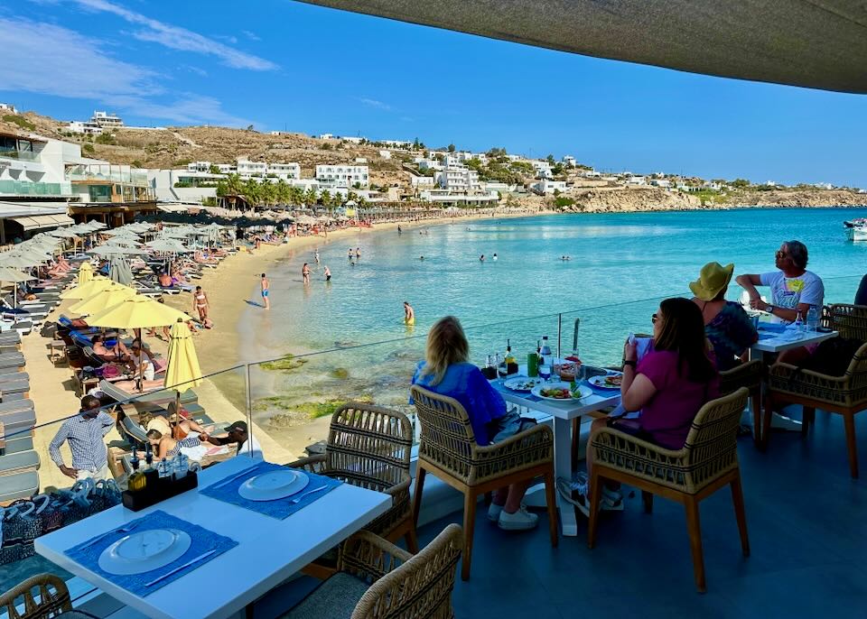 Hotel with restaurant on the beach in Platis Gialos, Mykonos.