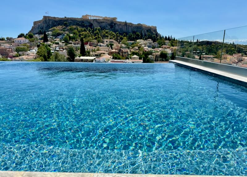 Athens hotel with pool and Acropolis view.