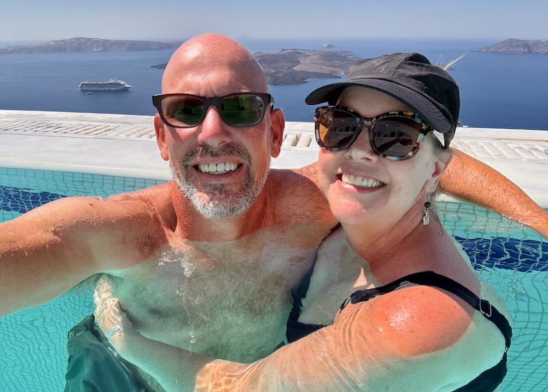 My wife and I at an adults only hotel in Santorini.