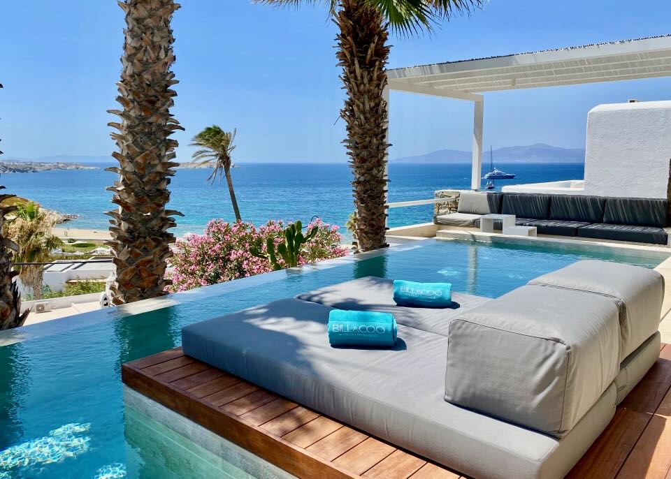 Private pool with sea view in Mykonos Town.