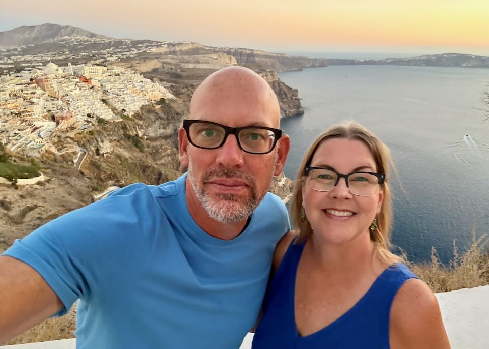 My wife and I in Santorini in September.