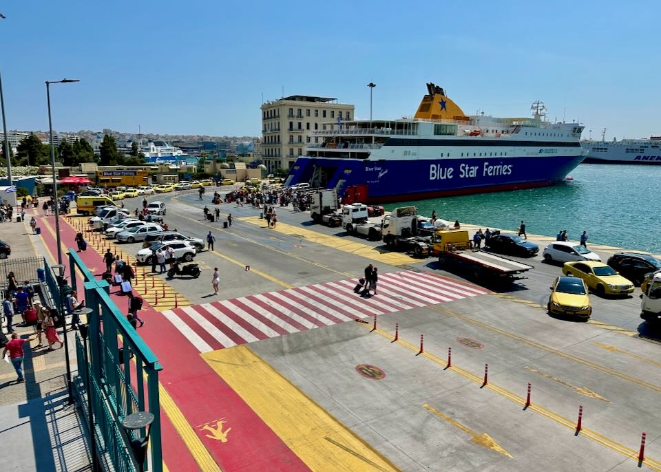 The ferry to Santorini boarding passengers in the Piraeus Port. 
