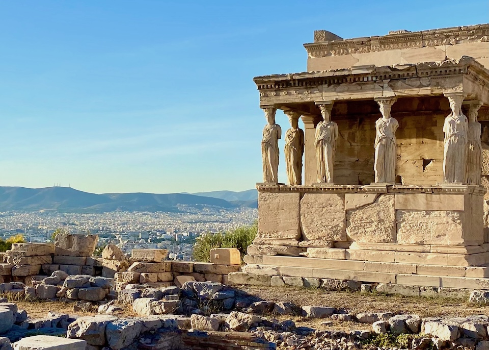 The Erechtheion with six pillars carved in the shape of maidens in the Acropolis of Athens.