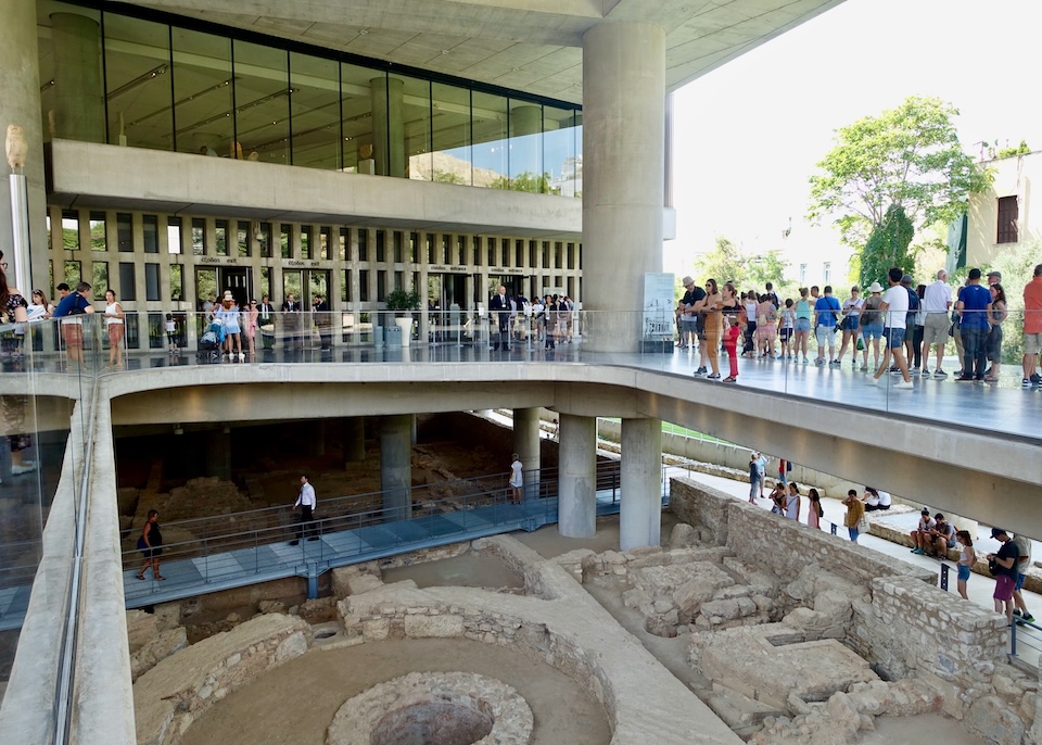 Outside the Acropolis Museum with a view to the excavations below.