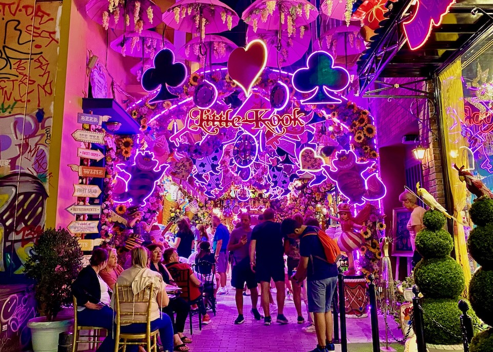 Neon lights and whimsical decoratinos at Little Kook dessert restaurant in Athens, Greece.