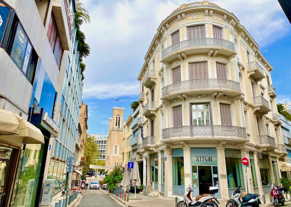 Neoclassical and modern buildings in the Plaka neighborhood of Athens.