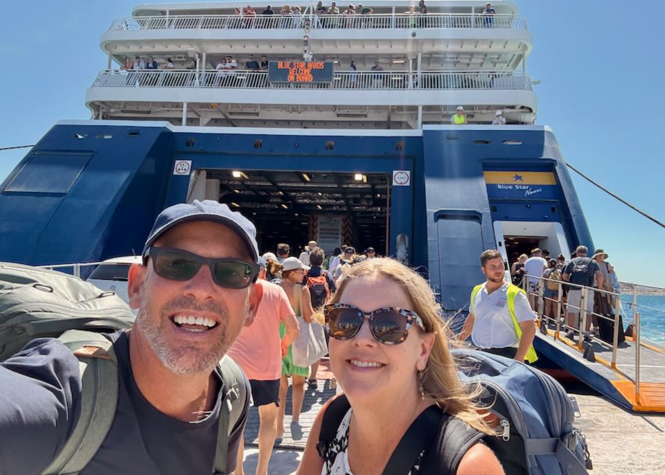 Me and my wife in Naxos boarding a ferry.