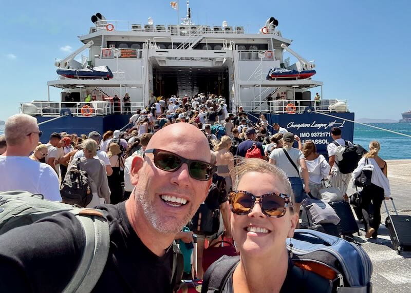 My wife and I boarding a ferry at the Mykonos Port.