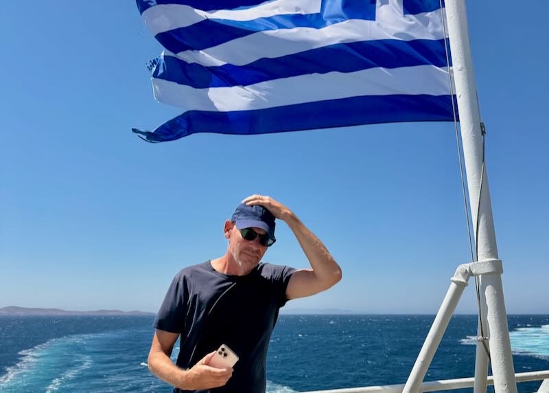 Me arriving in Mykonos by ferry.