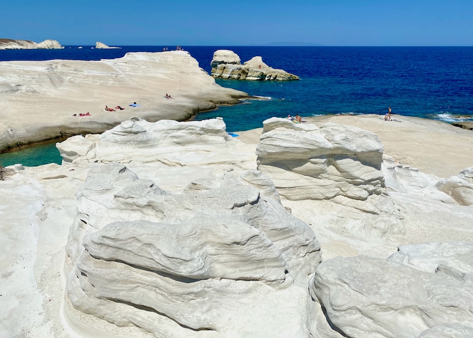 White rocks against a brilliant blue sea at Sarakiniko in Milos.