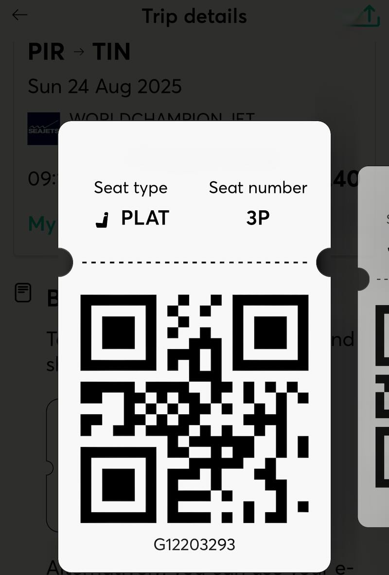 My electronic ticket (QR Code) for our Greek ferry from Piraeus.