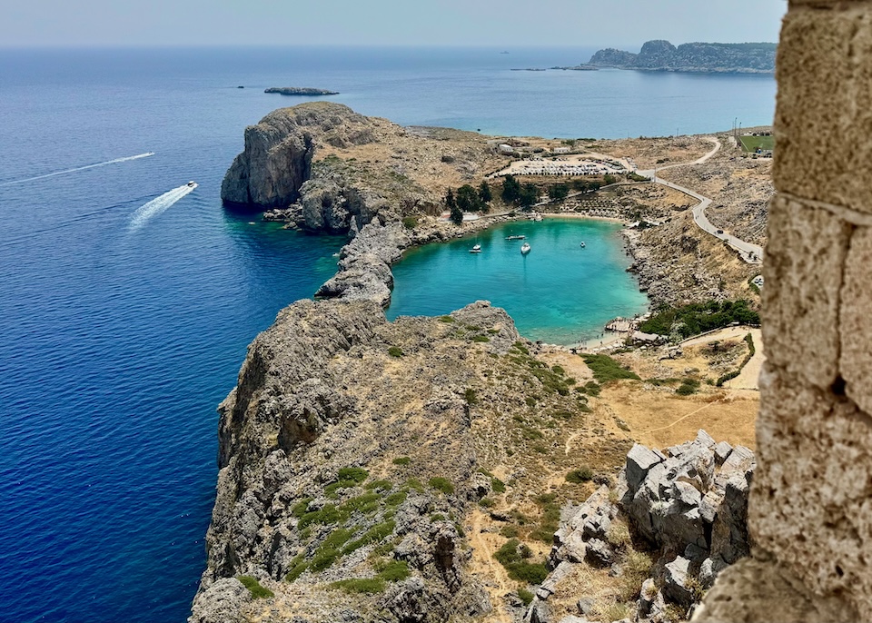 View of St. Paul's Bay as seen from the Lindos Acropolis in Rhodes.