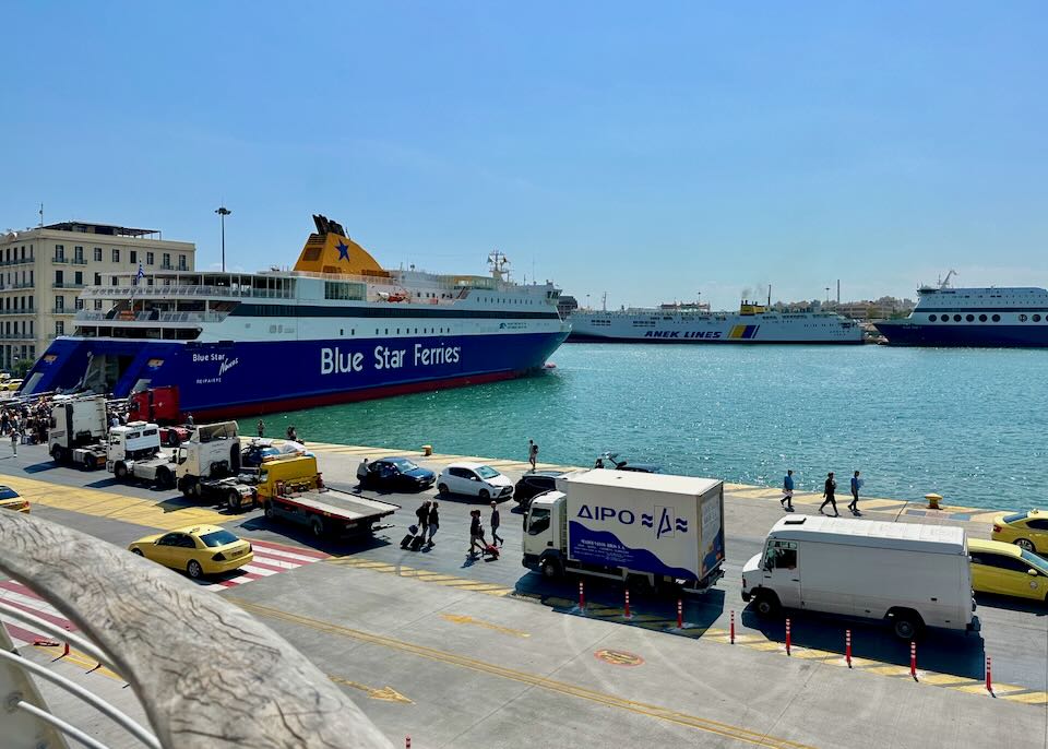 Blue Star ferry departing for Santorini. 
