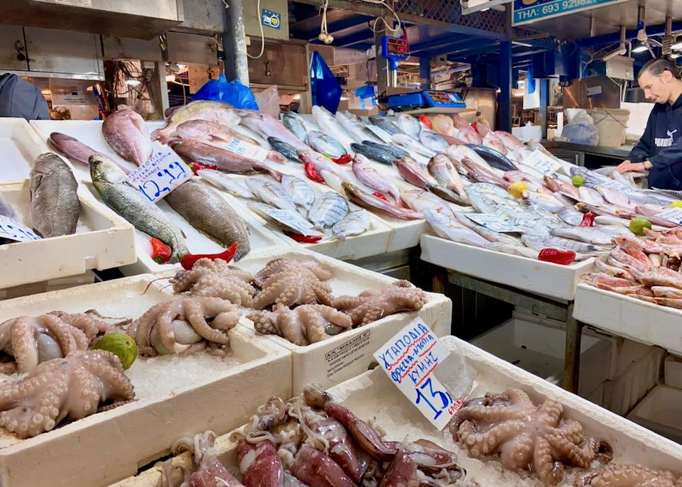 A visit to the Athens Central Market during our food tour.