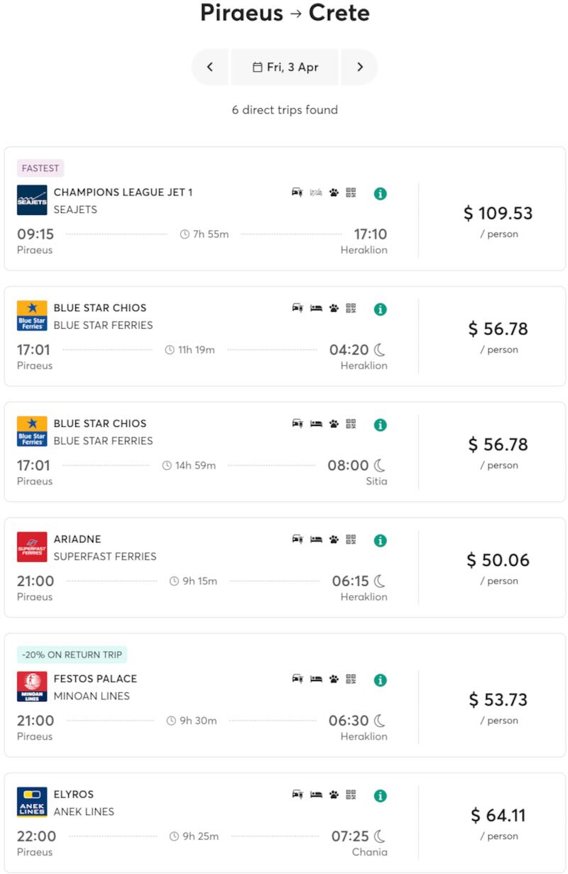 Athens to Crete ferry schedule for 2026.