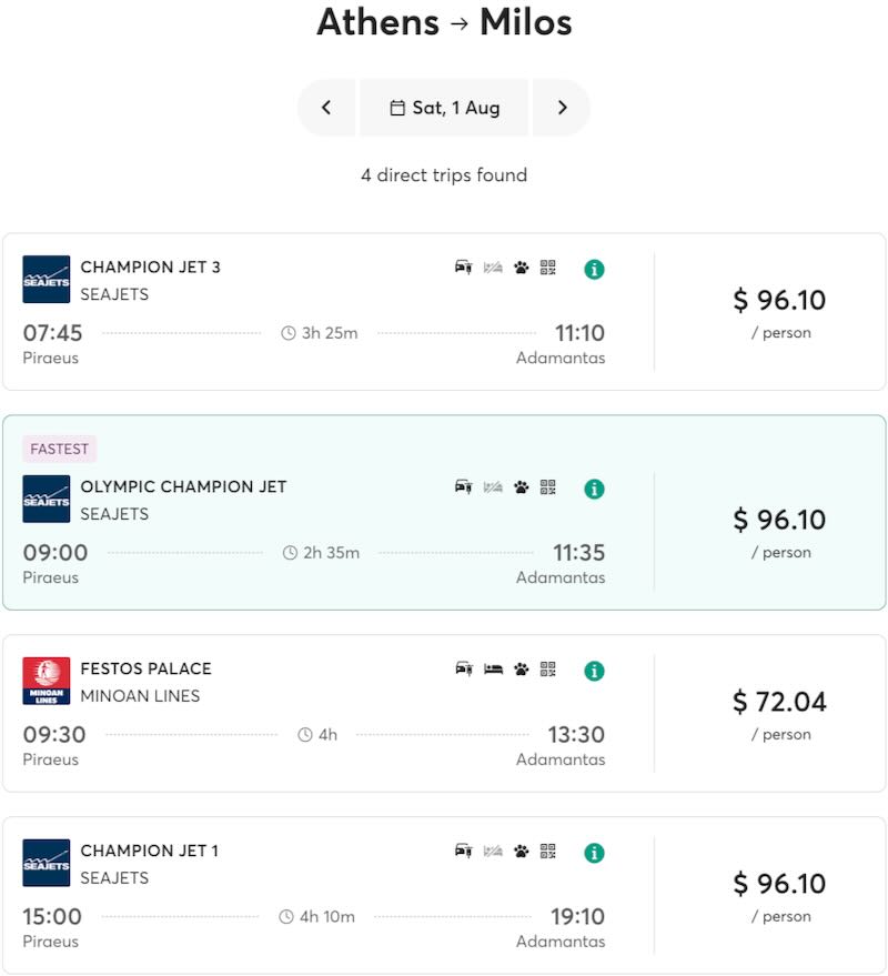 Ferry schedule for Athens to Milos.