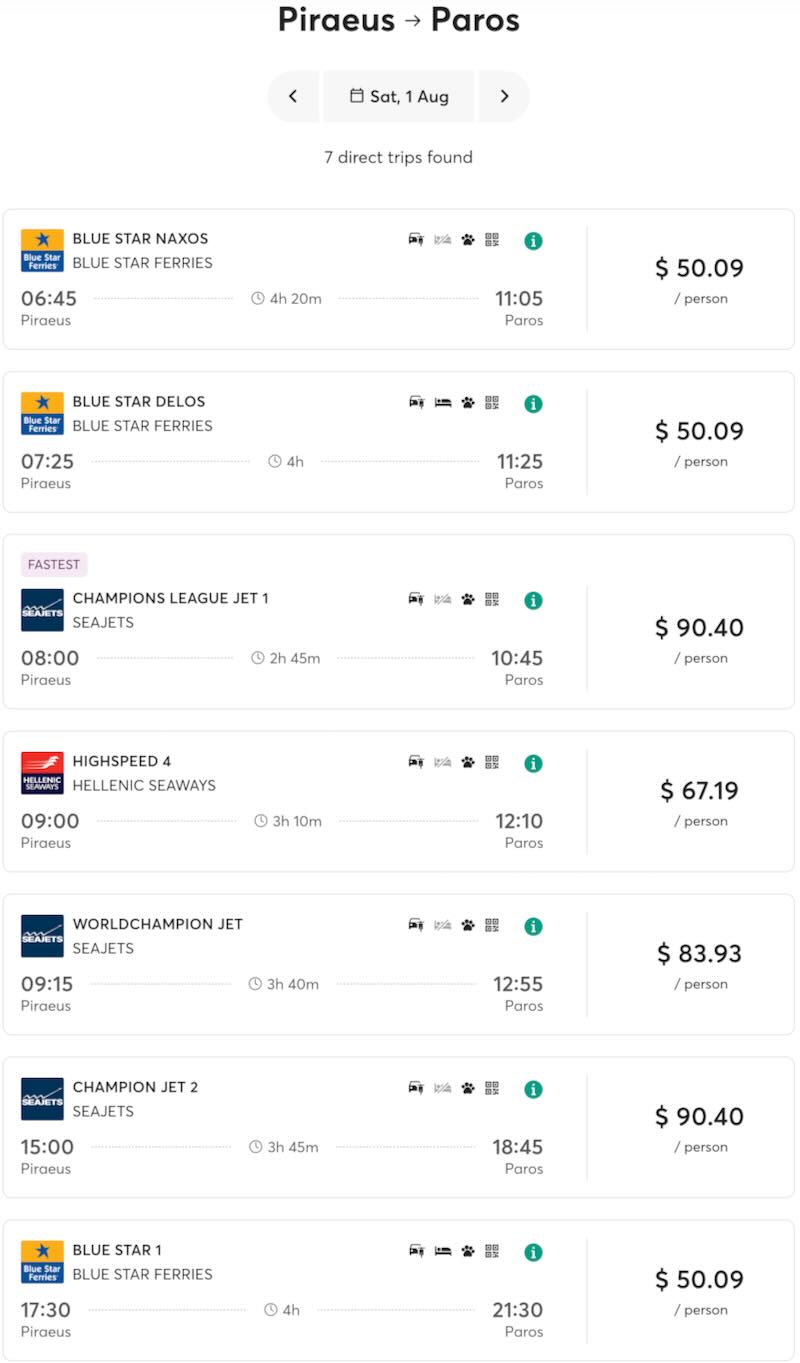 Ferry schedule for Athens to Paros in 2026.