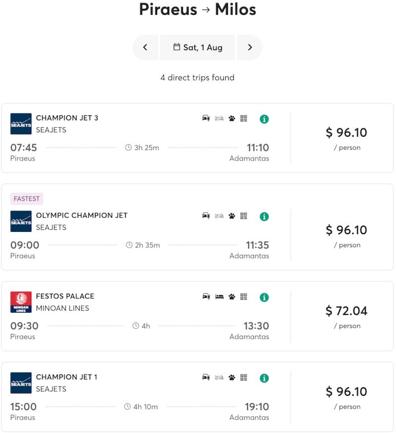Athens to Milos ferry schedule for 2026.