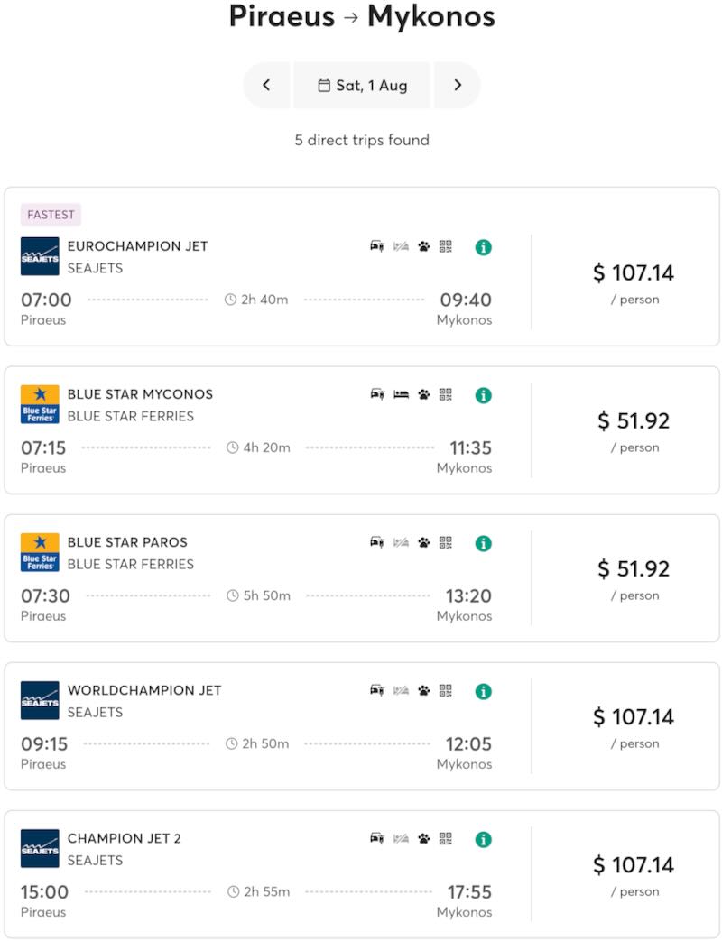 Athens to Mykonos ferry schedule for 2026.