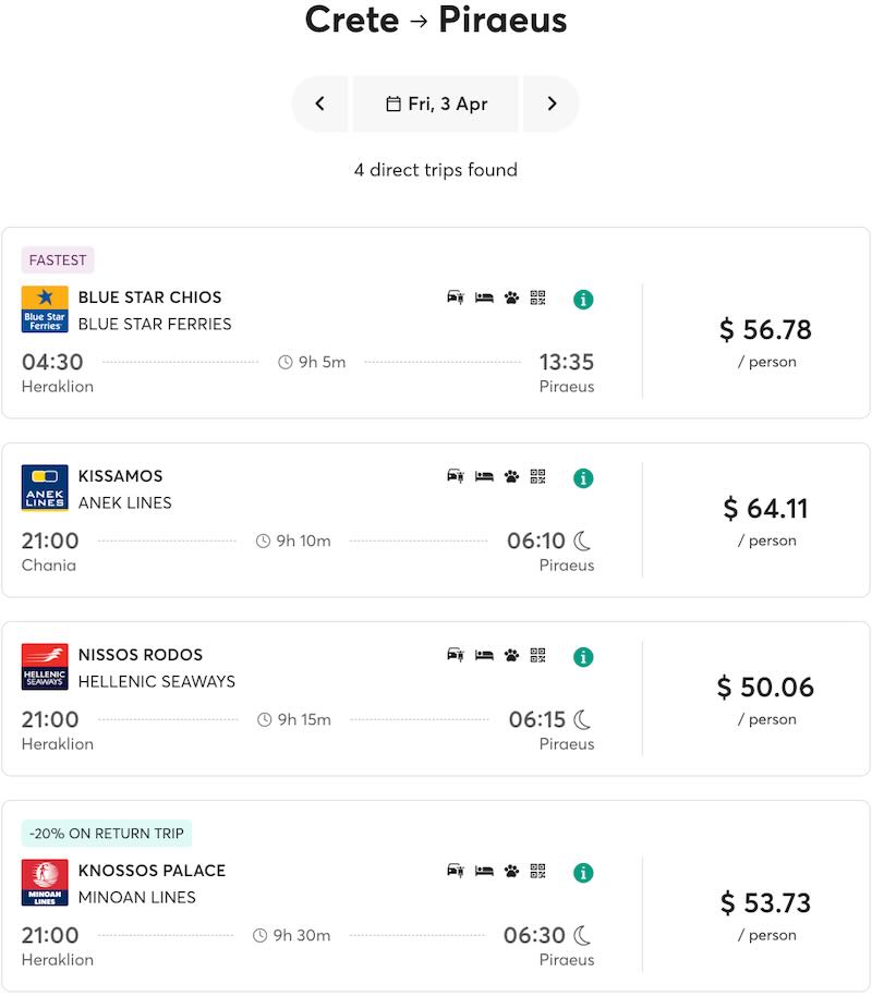 Ferry schedule for Crete to Athens 2026.