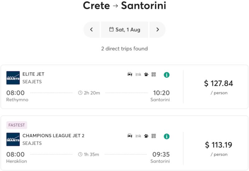Ferry schedule for Crete to Santorini 2026.