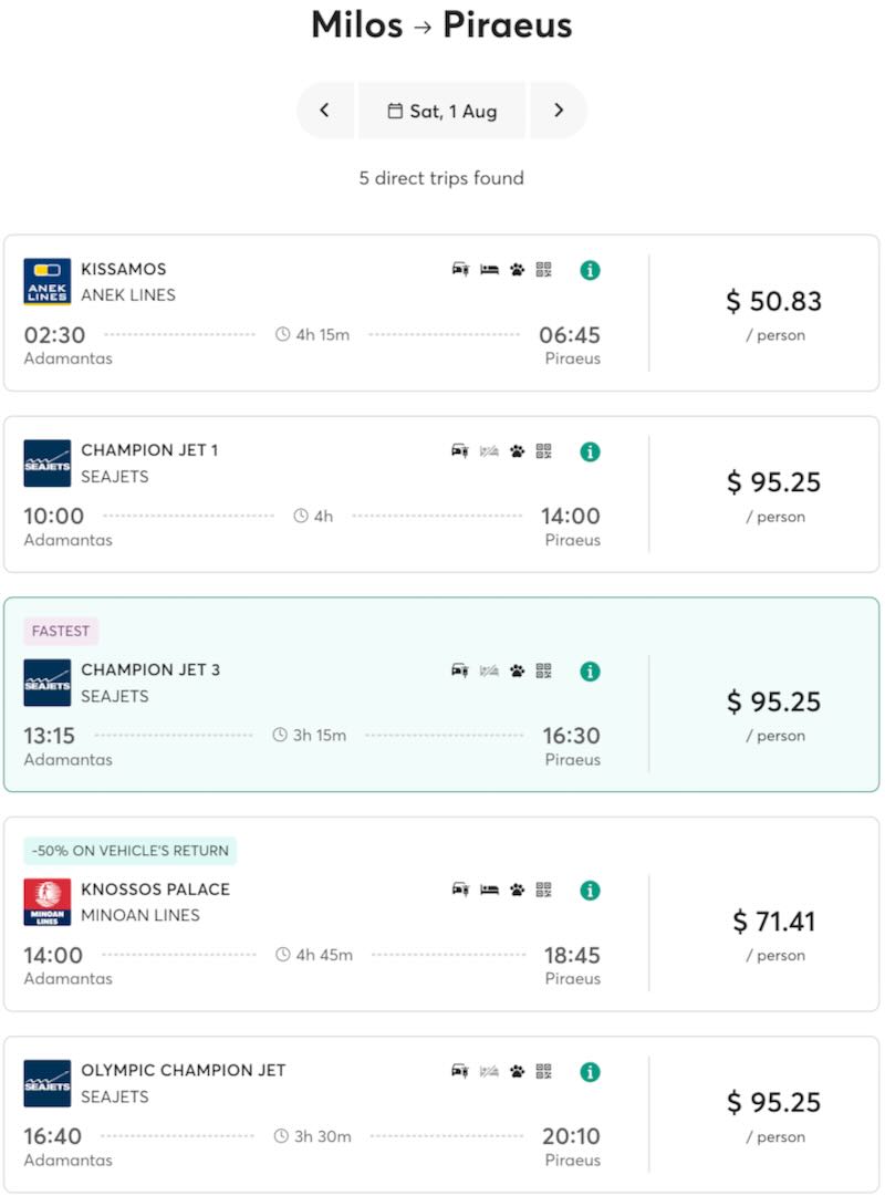Milos-Athens ferry schedule for 2026.