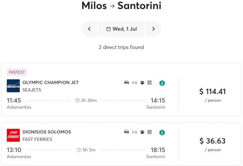 Ferry schedule for Milos to Santorini.