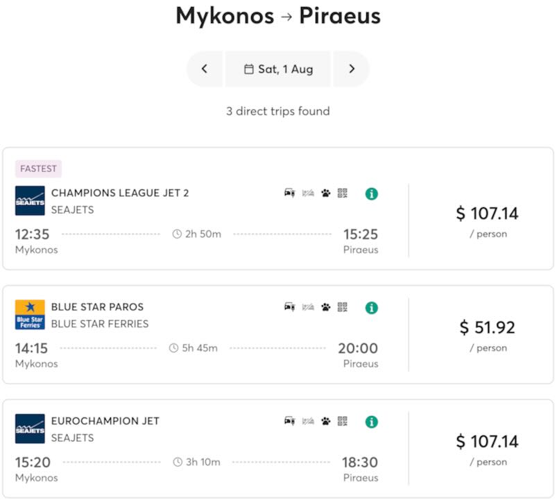 Ferry schedule for Mykonos to Athens ferries.