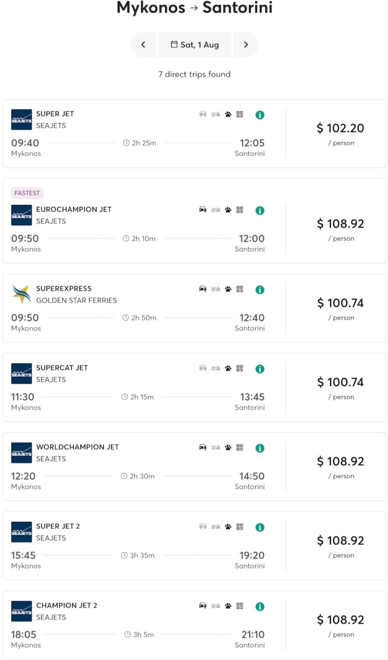 Mykonos to Santorini ferry schedule for 2026.