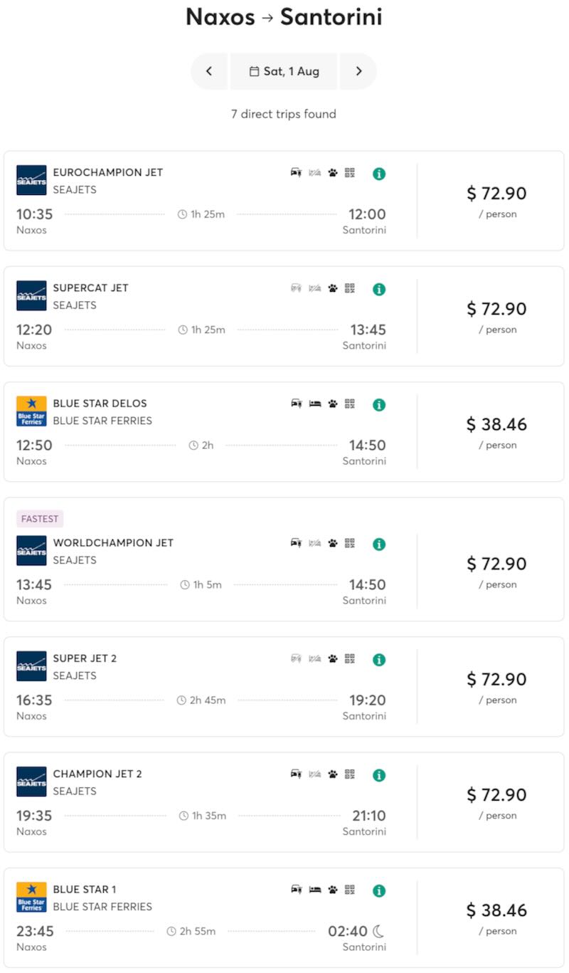 Naxos to Santorini ferry schedule for 2026.