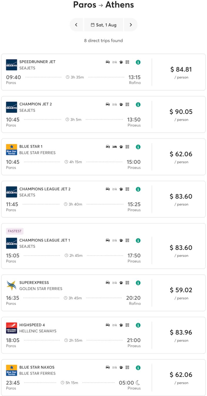 Ferry schedule for Paros to Athens for 2026.