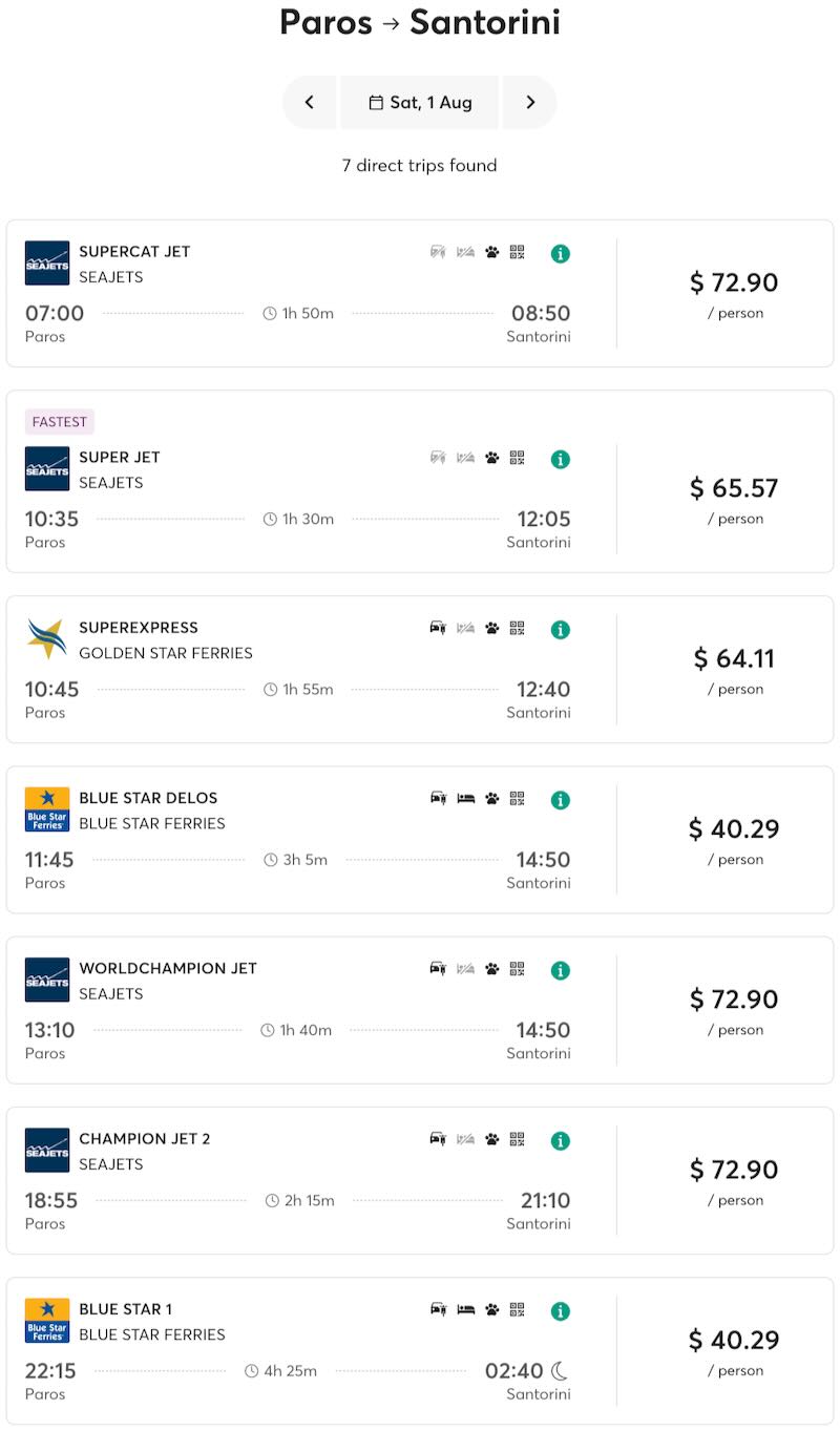 Ferry schedule for Paros to Santorini in 2026.