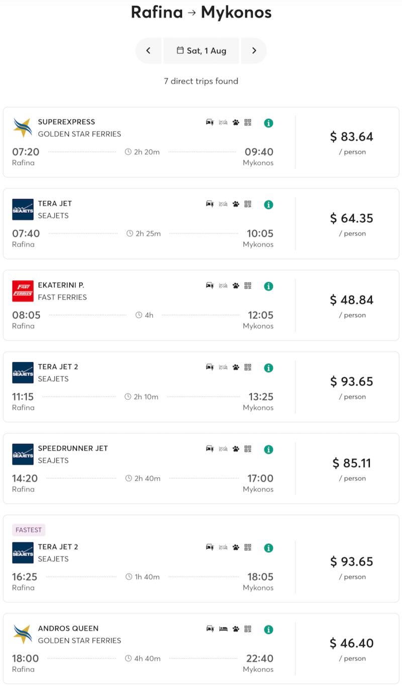 Ferry schedule for Rafina to Mykonos for 2026.