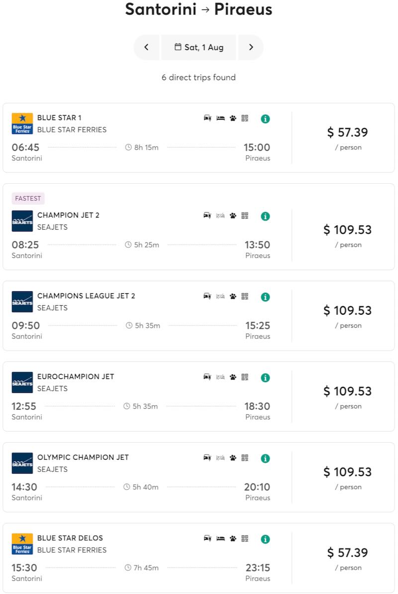 Santorini to Athens ferry schedule for 2026.