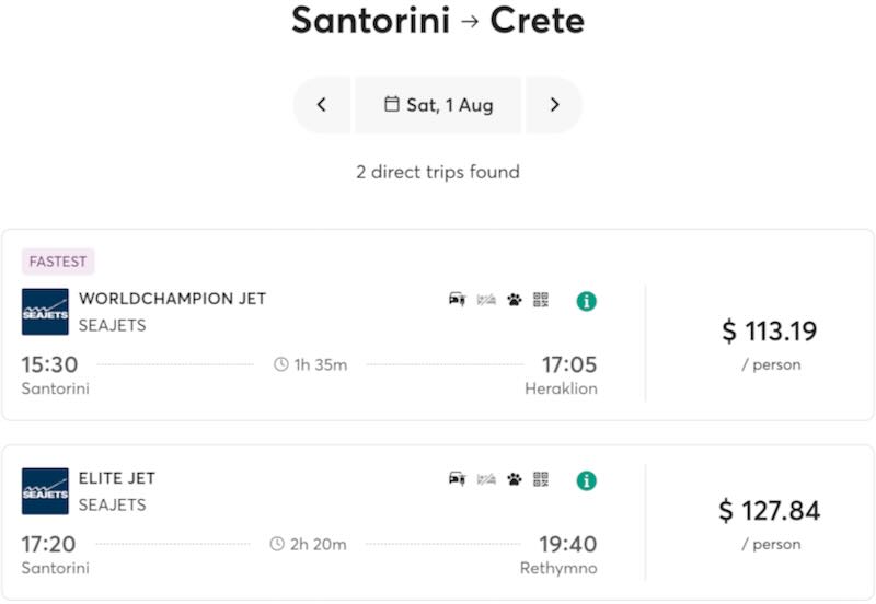 Ferry schedule for Santorini to Crete in 2026.