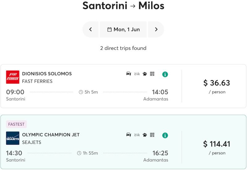 Ferry schedule for Santorini to Milos.