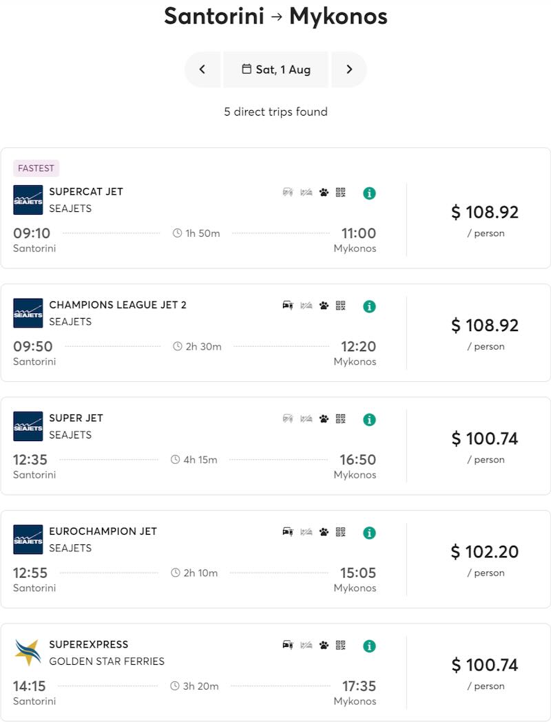 Ferry schedule for Santorini to Mykonos for 2026.