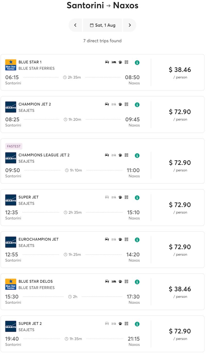 Ferry schedule for Santorini to Naxos ferry 2026.