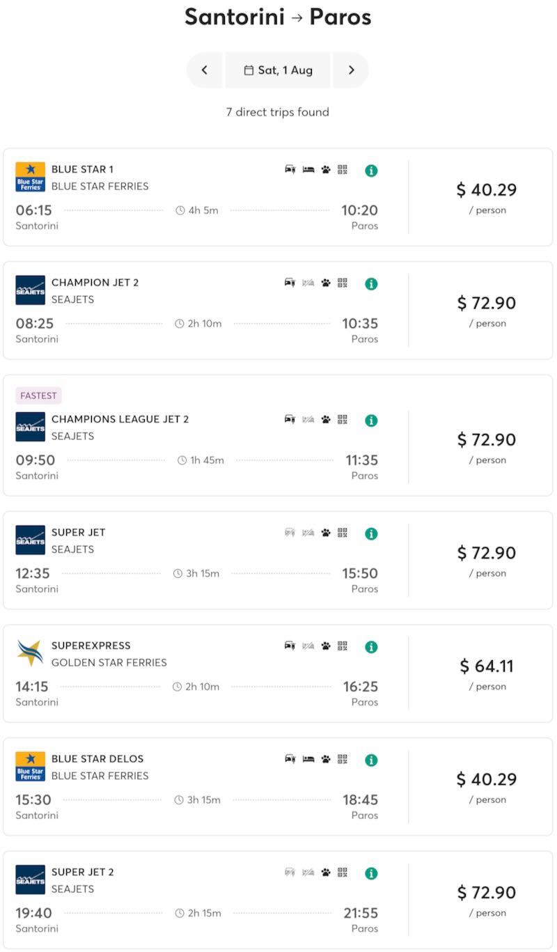 Ferry schedule for Santorini to Paros in 2026.