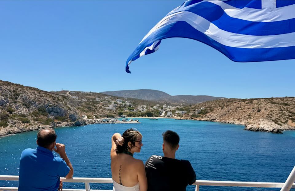 Greek ferry approaching an island in the Cyclades.