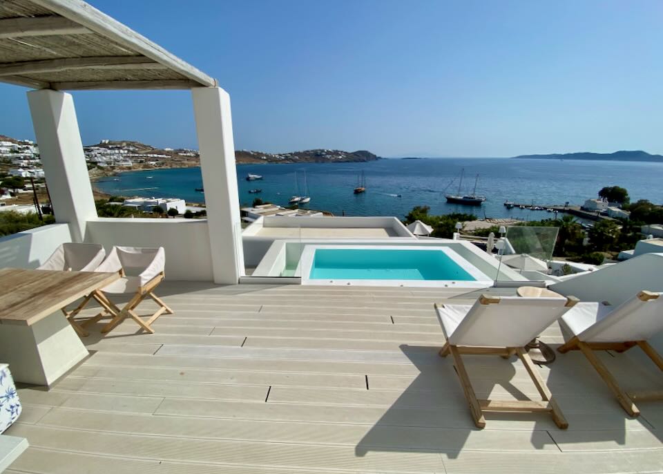 Mykonos beach hotel with private plunge pool.