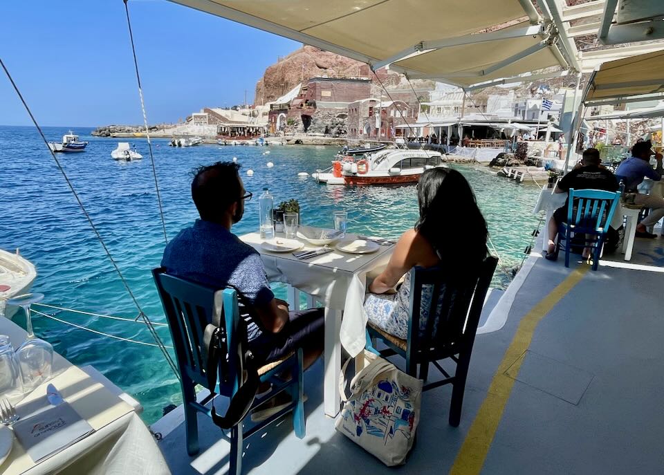 Restaurant in Santorini in August.