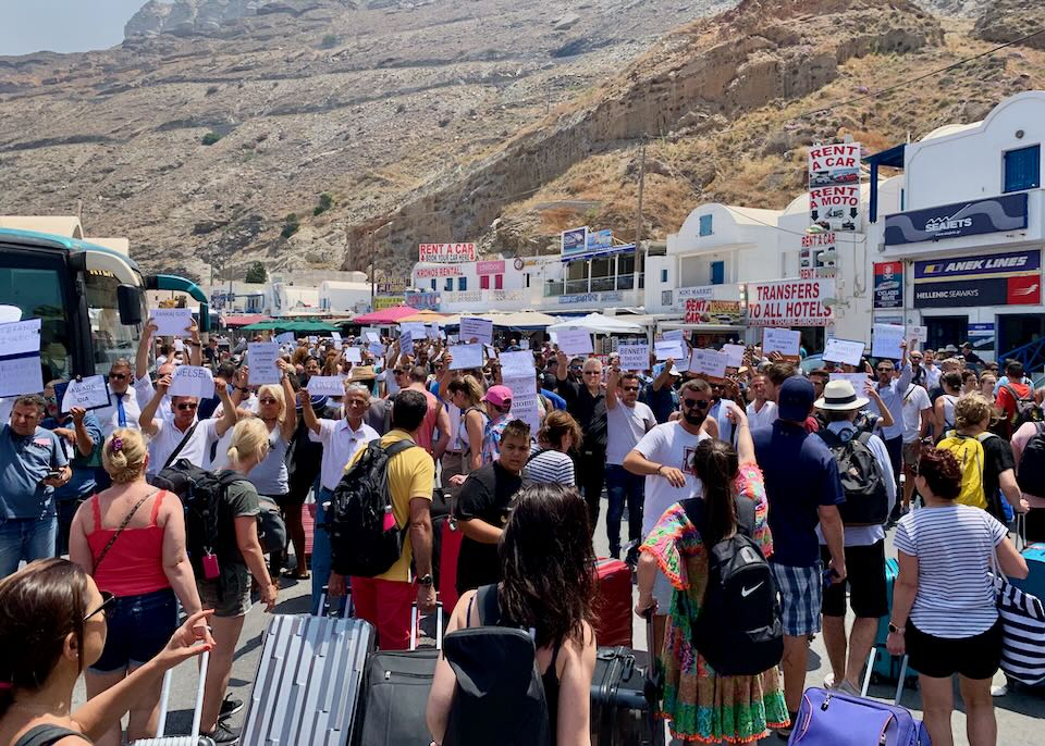 Arriving at Santorini ferry port in July.