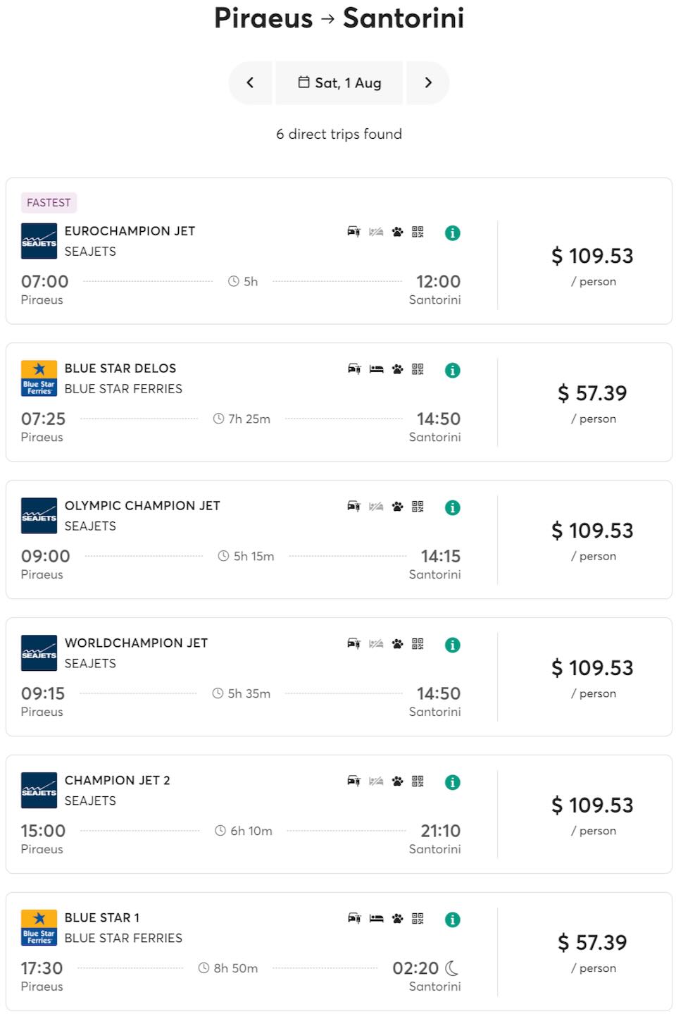 The ferry schedule for Athens to Santorini for 2026.