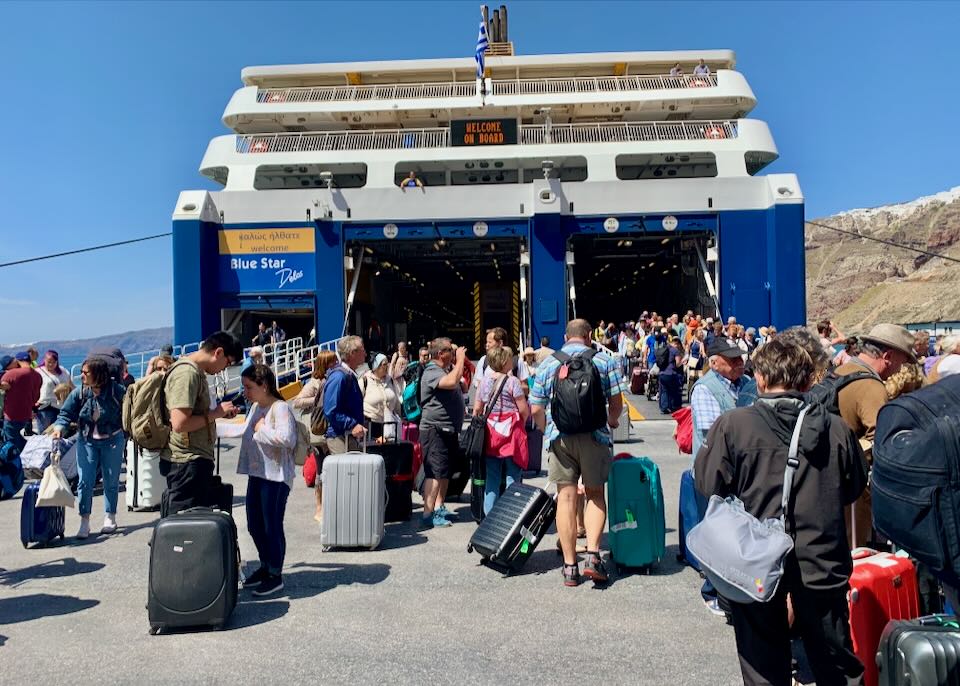 Santorini in May when a ferry arrives.