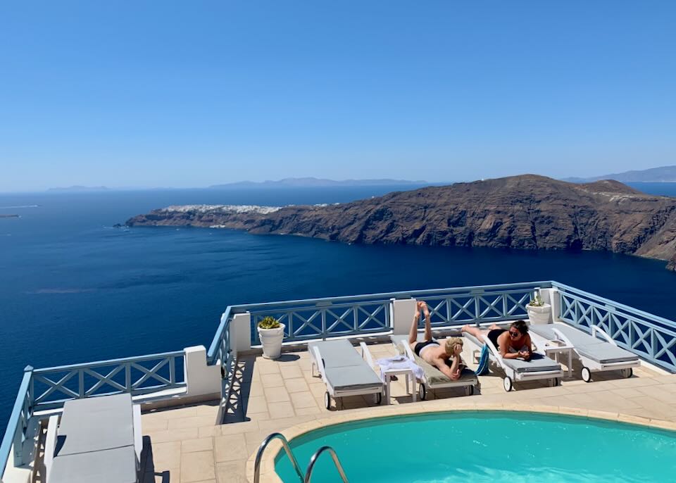 Caldera view hotel in Imerovigli, Santorini in July.