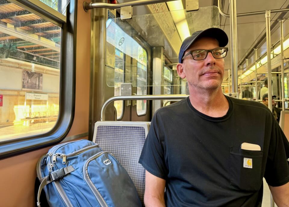 Me taking the metro from central Athens to the Piraeus ferry port.