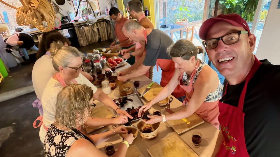 Santorini Dave taking cooking class in Huatulco, Mexico.